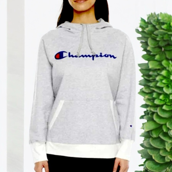 Champion Women's Powerblend Fleece Script Pullover Hoodie In Gray - Picture 3 of 16